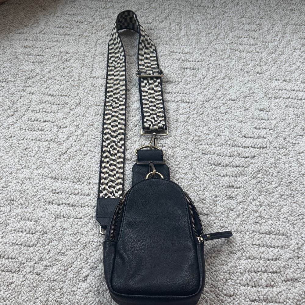 Anthropologie Black Crossbody Sling Bag with Patterned Strap